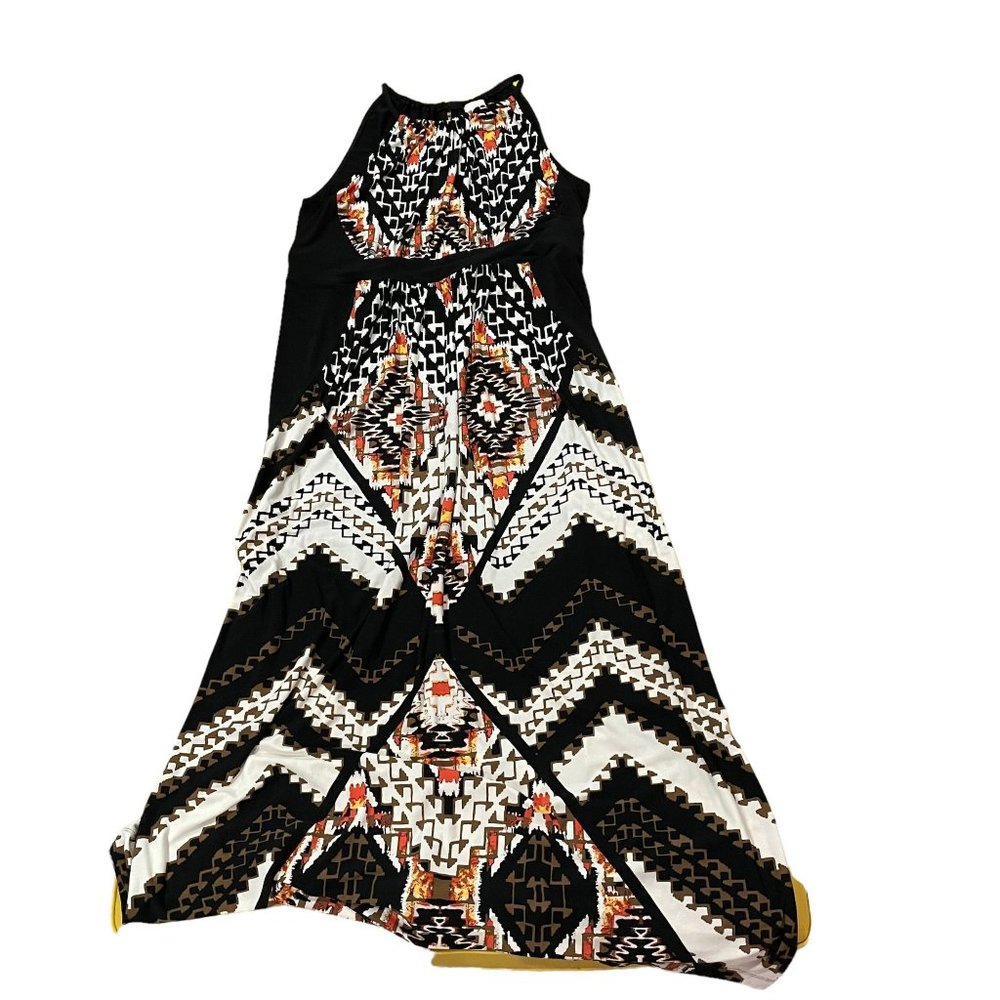 Geometric Patterned Maxi Dress - Black, White, Orange